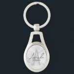Modern Personalized Bridesmaid's Monogram and Name Keychain<br><div class="desc">Modern Personalized Bridesmaid's Monogram and Name Gifts This design features personalized bridesmaid's name in grey modern handwriting script font style and monogram in light grey modern sans serif font style as background, with wedding details in grey modern sans serif font style, on white marble background. Also perfect for maid of...</div>