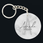 Modern Personalized Bridesmaid's Monogram and Name Keychain<br><div class="desc">Modern Personalized Bridesmaid's Monogram and Name Gifts This design features personalized bridesmaid's name in grey modern handwriting script font style and monogram in light grey modern sans serif font style as background, with wedding details in grey modern sans serif font style, on white marble background. Also perfect for maid of...</div>