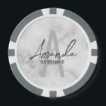 Modern Personalized Bridesmaid's Monogram and Name Poker Chips<br><div class="desc">Modern Personalized Bridesmaid's Monogram and Name Gifts This design features personalized bridesmaid's name in grey modern handwriting script font style and monogram in light grey modern sans serif font style as background, with wedding details in grey modern sans serif font style, on white marble background. Also perfect for maid of...</div>