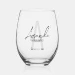 Modern Personalized Bridesmaid's Monogram and Name Stemless Wine Glass<br><div class="desc">Modern Personalized Bridesmaid's Monogram and Name Gifts This design features personalized bridesmaid's name in grey modern handwriting script font style and monogram in light grey modern sans serif font style as background, with wedding details in grey modern sans serif font style. Also perfect for maid of honour, mother of the...</div>