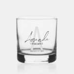 Modern Personalized Bridesmaid's Monogram and Name Whiskey Glass<br><div class="desc">Modern Personalized Bridesmaid's Monogram and Name Gifts This design features personalized bridesmaid's name in grey modern handwriting script font style and monogram in light grey modern sans serif font style as background, with wedding details in grey modern sans serif font style. Also perfect for maid of honour, mother of the...</div>