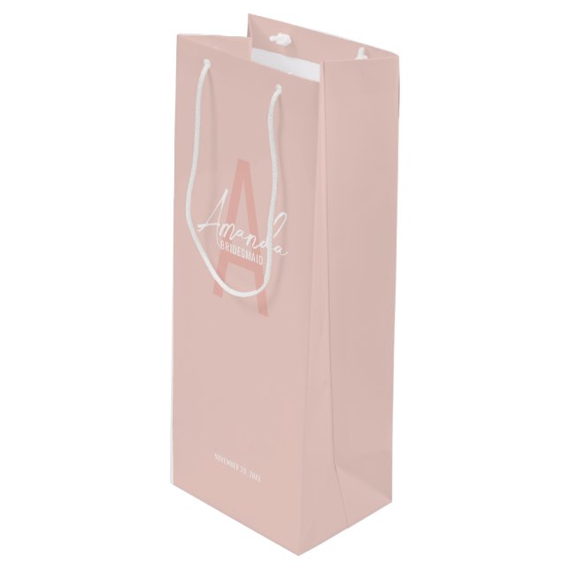 Modern Personalized Bridesmaid's Monogram and Name Wine Gift Bag (Front Angled)