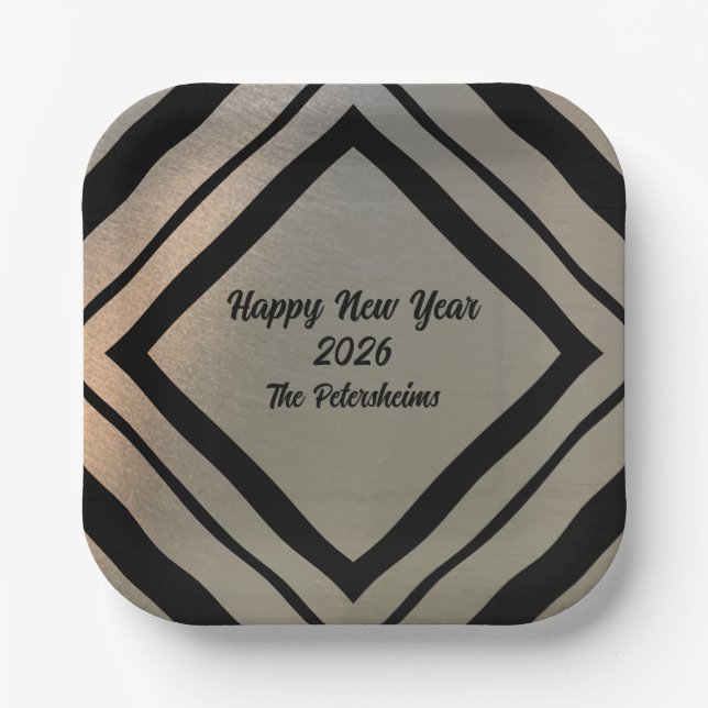 Modern Personalized Brushed Metal Happy New Years Paper Plate (Front)