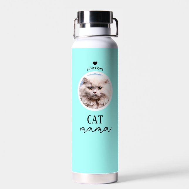Modern Personalized Cat Mama Custom Name Photo Water Bottle (Back)