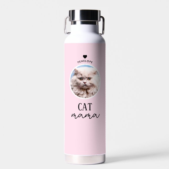 Modern Personalized Cat Mama Custom Photo Name Water Bottle (Front)