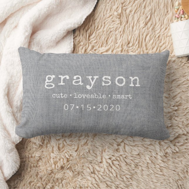 Modern Personalized Childs Name Birthdate Lumbar Pillow (Blanket)