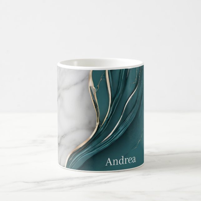 Modern Personalized Dark Teal Gold Marble Coffee Mug (Center)