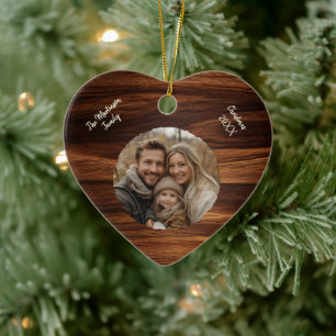Modern Personalized Family Photo Woodgrain Heart Ceramic Ornament