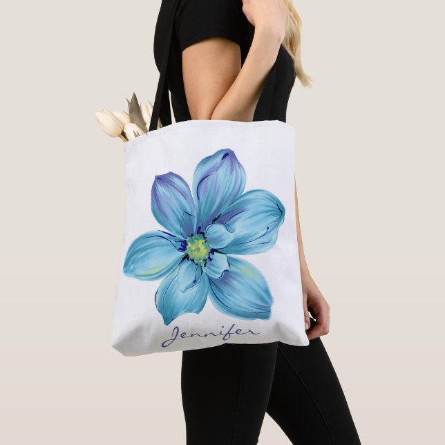 Modern Personalized Floral Blue Watercolor Tote Bag (Close Up)