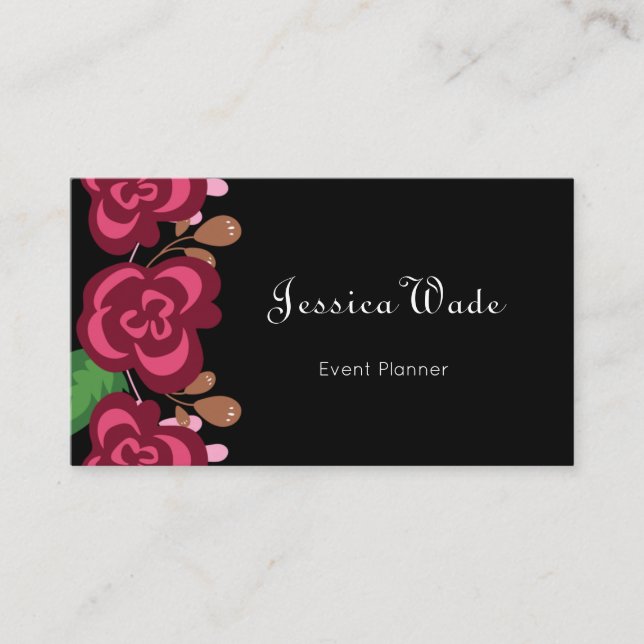 Modern Personalized Floral Red Roses Black Business Card (Front)