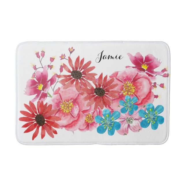 Modern Personalized Folksy Wildflower Bloom Bath Mat (Front)