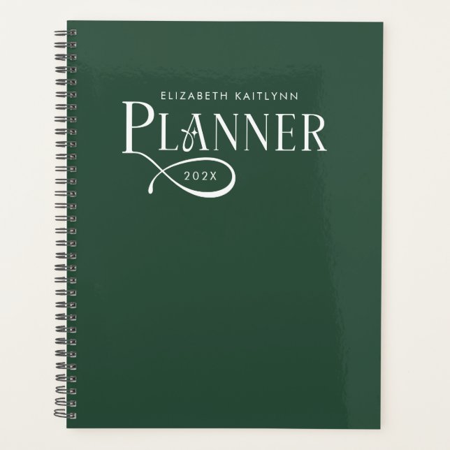 Modern Personalized Forest Green and White  Planner (Front)