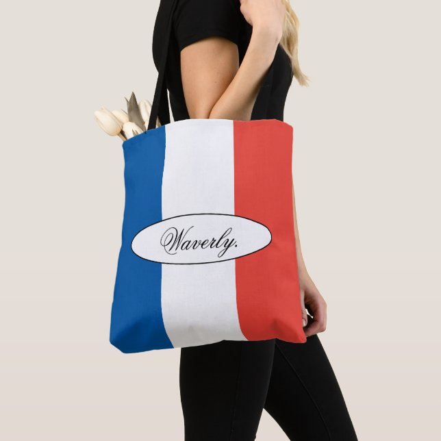 Modern Personalized French Flag Name Shoulder Tote Bag (Close Up)