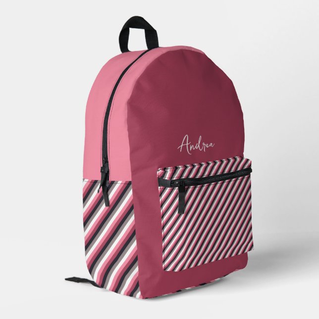 Modern Personalized Girly Pink Stripes Printed Backpack (Back Corner Left)
