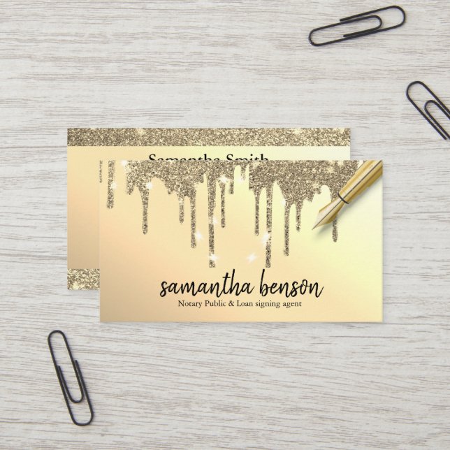 Modern Personalized Gold Drips Notary Agent  Business Card (Front/Back In Situ)
