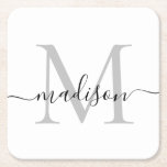 Modern Personalized Grey Monogram Script Name Square Paper Coaster<br><div class="desc">Elegant Modern Personalized Silver Grey Black Monogram Script Name Initial Paper Coaster</div>