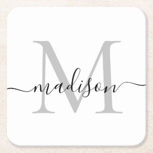 Modern Personalized Grey Monogram Script Name Square Paper Coaster