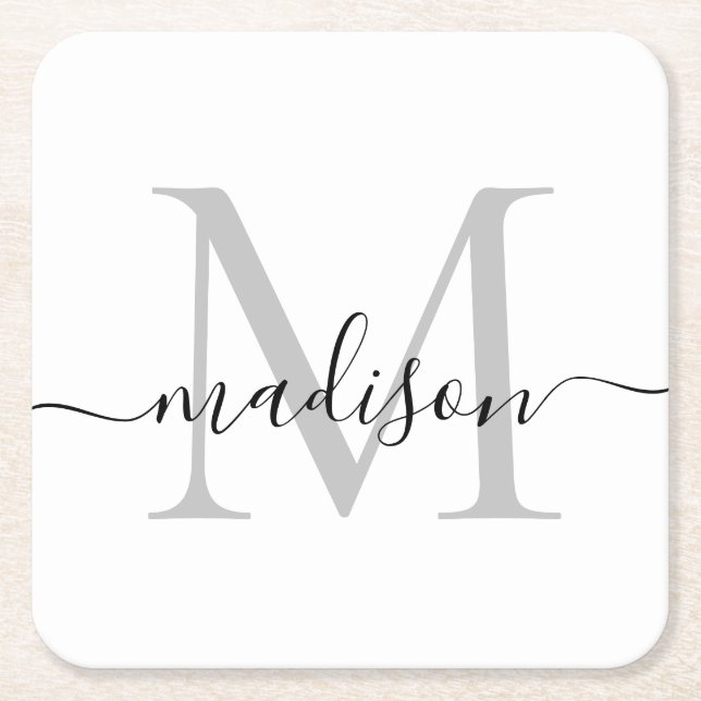 Modern Personalized Grey Monogram Script Name Square Paper Coaster (Front)