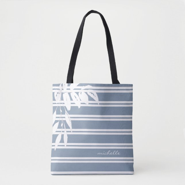 Modern Personalized Grey White Stripe Botanical Tote Bag (Front)