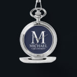 Modern Personalized Groomsman Name and Monogram Watch<br><div class="desc">Modern Personalized Groomsman Gifts
featuring personalized monogram,  groomsman's name and title in white classic serif font style on navy blue background.

Also perfect for Best Man,  Father of the Bride and more.</div>