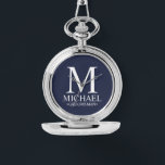 Modern Personalized Groomsman Name and Monogram Watch<br><div class="desc">Modern Personalized Groomsman Gifts
featuring personalized monogram,  groomsman's name and title in white classic serif font style on navy blue background.

Also perfect for Best Man,  Father of the Bride and more.</div>