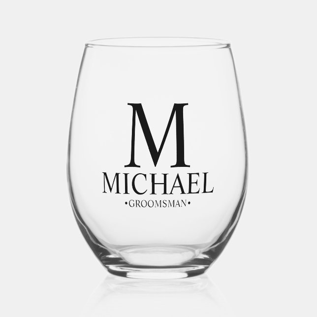 Modern Personalized Groomsman Stemless Wine Glass (Front)