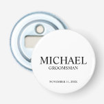 Modern Personalized Groomsman's Name and Monogram Bottle Opener<br><div class="desc">Modern Personalized Groomsman Gifts
featuring personalized groomsman's name,  title and wedding date in black classic serif font style on white background.

Also perfect for Best Man,  Father of the Bride and more.</div>