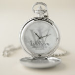 Modern Personalized Groomsman's Name and Monogram Pocket Watch<br><div class="desc">Modern Personalized Groomsman Gifts This design features personalized groomsman's name in grey classic script font style with wedding details in grey classic serif font style and monogram in light grey classic serif font style as background, on white marble background. Also perfect for Best Man, Father of the Bride and more....</div>