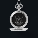 Modern Personalized Groomsman's Name and Monogram Watch<br><div class="desc">Modern Personalized Groomsman Gifts
This design features personalized groomsman's name with title and wedding date in white and monogram in light grey as background,  in classic serif font style,  on black background.

Also perfect for Best Man,  Father of the Bride and more.</div>