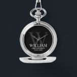 Modern Personalized Groomsman's Name and Monogram Watch<br><div class="desc">Modern Personalized Groomsman Gifts
This design features personalized groomsman's name with title and wedding date in white and monogram in light grey as background,  in classic serif font style,  on black background.

Also perfect for Best Man,  Father of the Bride and more.</div>