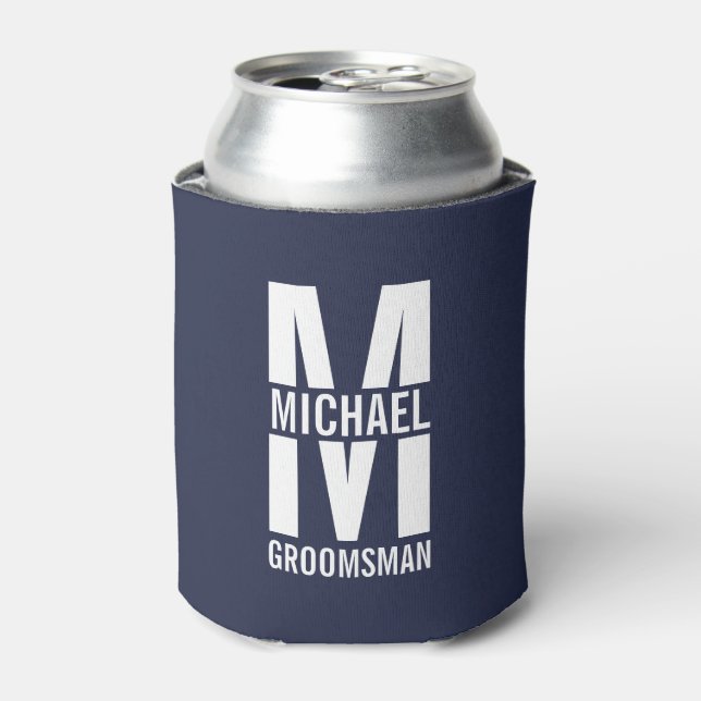 Modern Personalized Groomsmen Monogram and Name Can Cooler (Can Front)