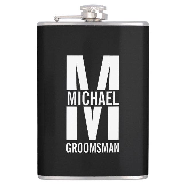 Modern Personalized Groomsmen Monogram and Name Hip Flask (Front)