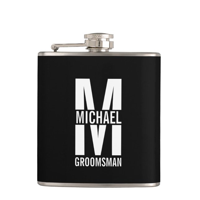 Modern Personalized Groomsmen Monogram and Name Hip Flask (Front)
