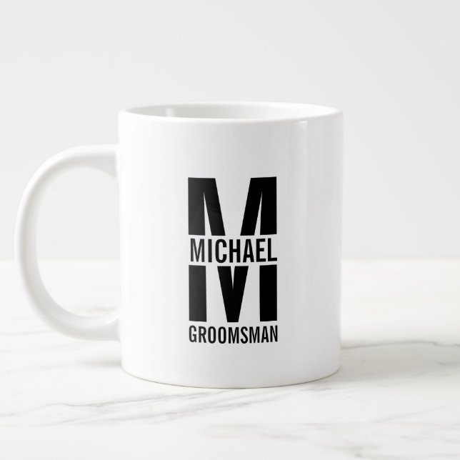 Modern Personalized Groomsmen Monogram and Name Large Coffee Mug (Left)