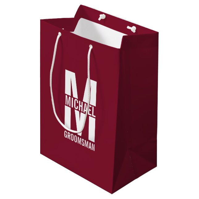 Modern Personalized Groomsmen Monogram and Name Medium Gift Bag (Front Angled)