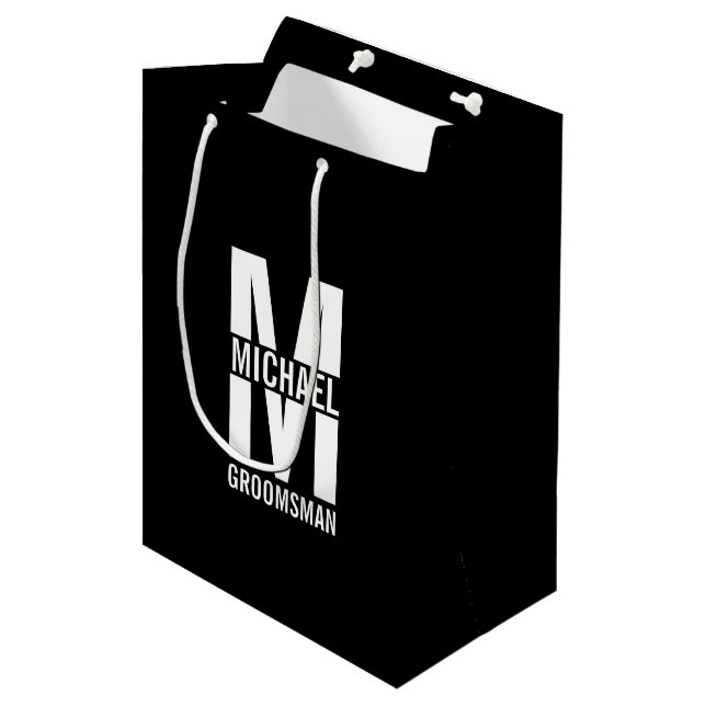Modern Personalized Groomsmen Monogram and Name Medium Gift Bag (Front Angled)