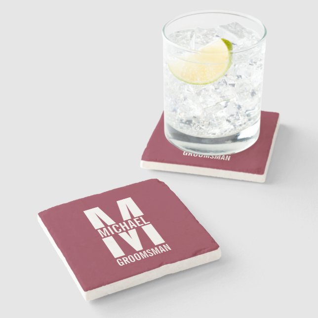 Modern Personalized Groomsmen Monogram and Name Stone Coaster (Side)
