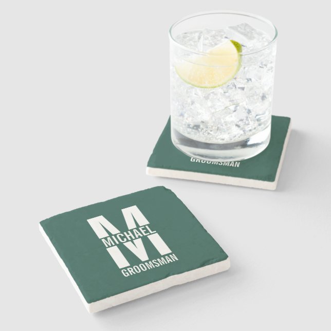 Modern Personalized Groomsmen Monogram and Name Stone Coaster (Side)