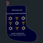 Modern Personalized Hanukkah Small Christmas Stock Small Christmas Stocking<br><div class="desc">Modern, personalized midnight blue HAPPY HANUKKAH stocking, showing faux gold and silver STAR OF DAVID and MENORAH in a tiled pattern. Text reads HAPPY HANUKKAH with a placeholder family or personal name, and is CUSTOMIZABLE, so you can PERSONALIZE it by adding your name or other text. You can also add...</div>