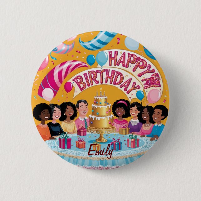 Modern Personalized Happy Birthday Celebration  2 Inch Round Button (Front)