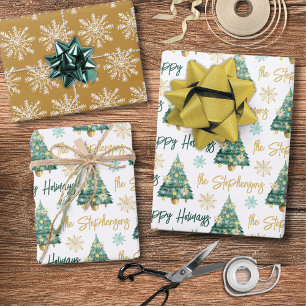 Modern Personalized Happy Holidays Tree Script Wrapping Paper Sheet