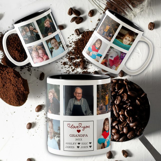 Modern Personalized  Love You Grandpa Gift 9 Photo Two-Tone Coffee Mug (Creator Uploaded)