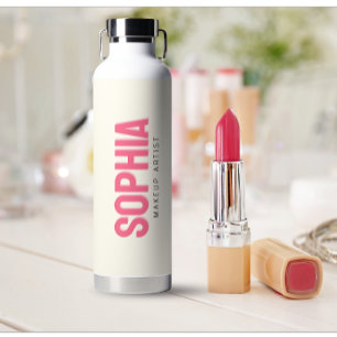 Modern Personalized Makeup Artist Name Pink Text Water Bottle