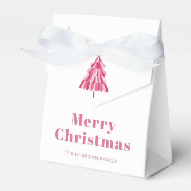 Modern Personalized Merry Christmas Pink Tree Favor Box (Front Side)