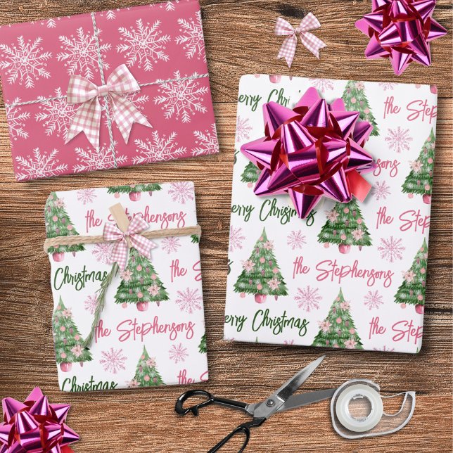 Modern Personalized Merry Christmas Tree Pink Wrapping Paper Sheet (Creator Uploaded)