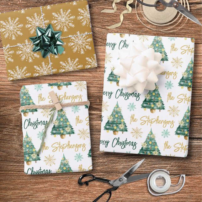 Modern Personalized Merry Christmas Tree Script Wrapping Paper Sheet (Creator Uploaded)