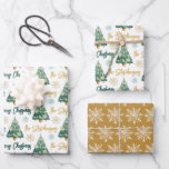 Modern Personalized Merry Christmas Tree Script Wrapping Paper Sheet<br><div class="desc">Create your own personalized coordinated set of novelty Christmas giftwrap with your choice of greeting (the sample shows MERRY CHRISTMAS) and your name or other custom text in a modern, trendy handwritten script font, a watercolor Christmas tree and snowflakes pattern in a green, gold and white colour scheme. ASSISTANCE: For...</div>