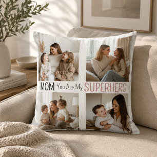 Modern Personalized Mom Superhero Photo Collage Throw Pillow