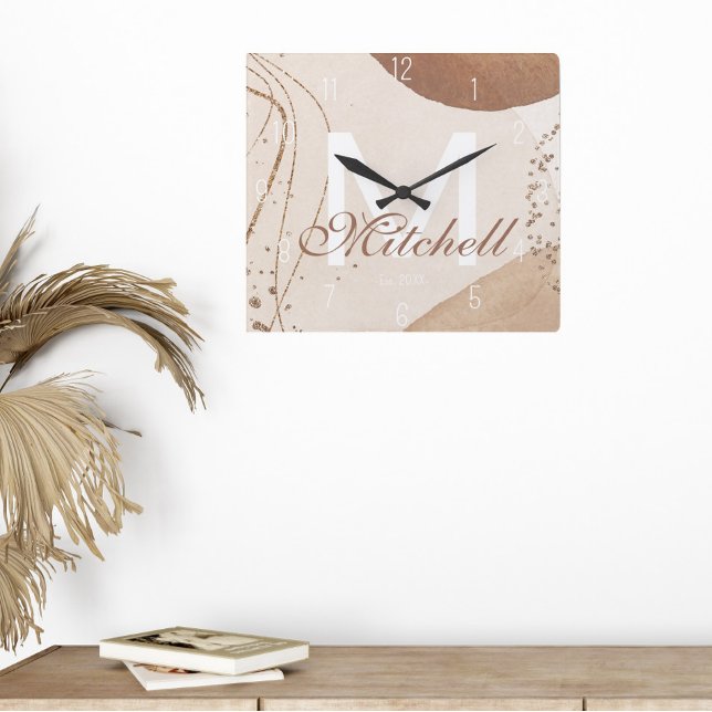 Modern Personalized Monogram Abstract Square Wall Clock (Creator Uploaded)