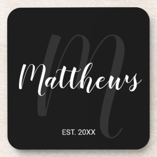 Modern Personalized Monogram and Family Name Black Coaster